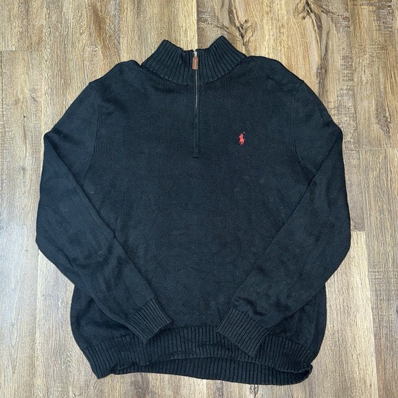 Vtg. Men's‎ Polo Ralph Lauren Black Quarter Zip Sweater L Red Pony - Picture 1 of 5